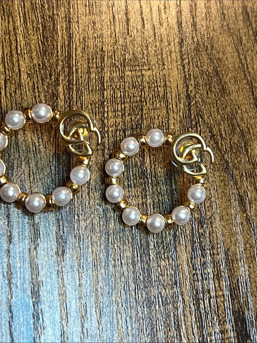 Gold Pearl Hoop Drop Earrings with Interlocking Double G Accent